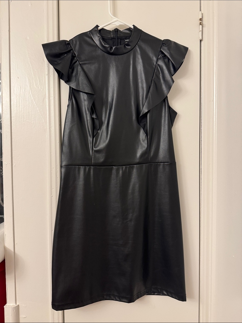 SHEIN Black Faux Leather Ruffle Sleeve Mini Dress
